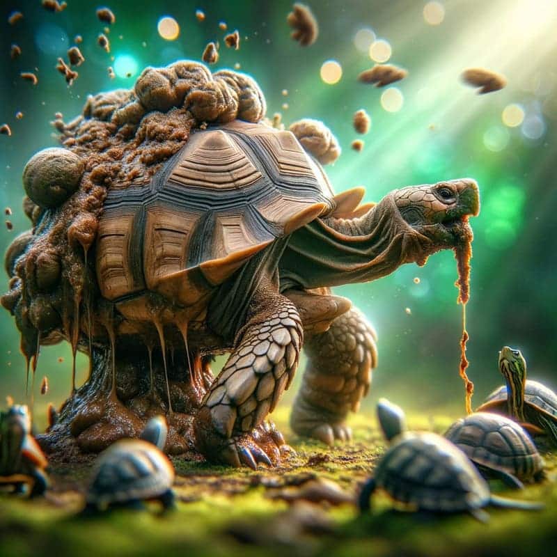 Foto de una tortuga en primer plano, claramente defecando en un ambiente natural. El acto de defecación es evidente y es el foco principal de la image