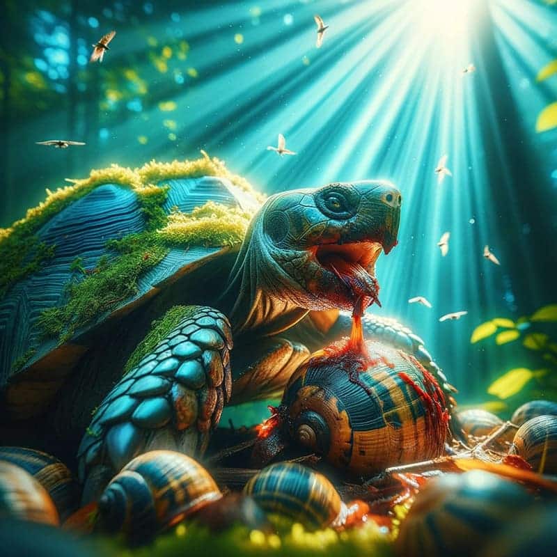 Foto de una tortuga grande en medio de un escenario natural luminoso, con colores vibrantes de verde y azul. La tortuga está en el proceso de defecar,