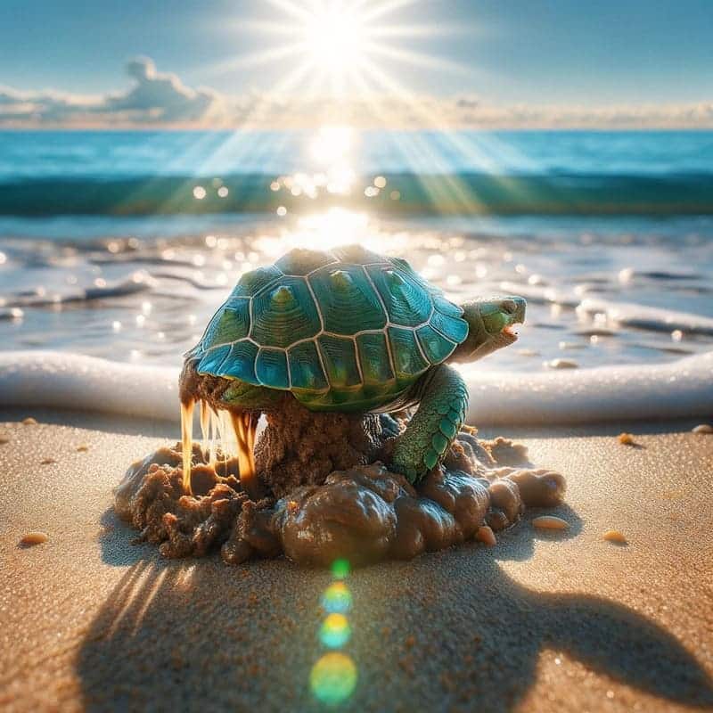 Foto de una tortuga verde en una playa, claramente en el acto de defecar. La defecación es el punto focal, con la arena brillante alrededor y el mar a