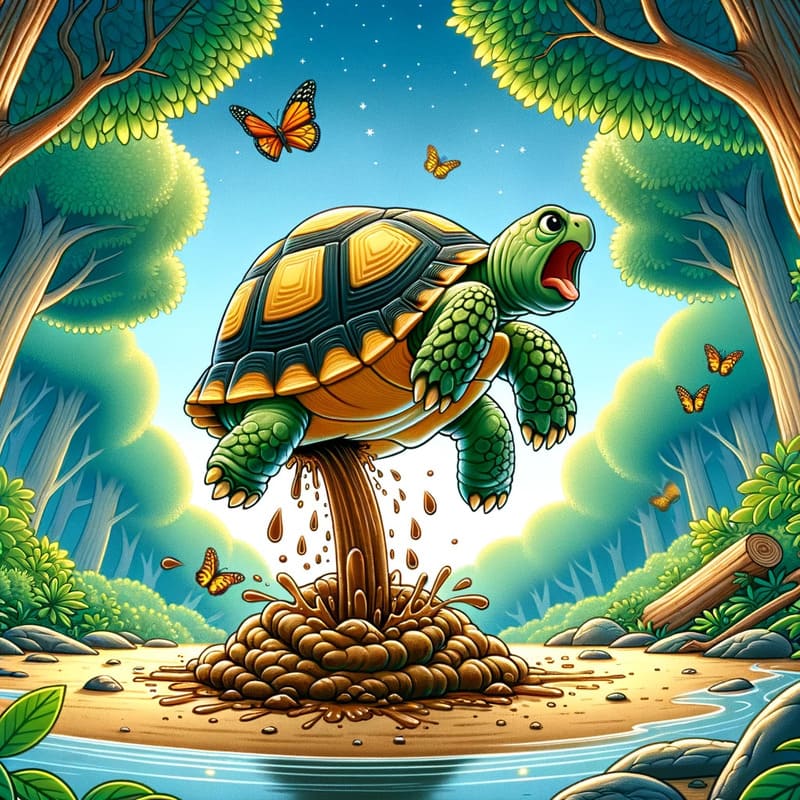 Ilustración vívida y colorida de una tortuga en el centro, defecando en un claro del bosque. Se puede ver claramente la materia fecal saliendo de la t