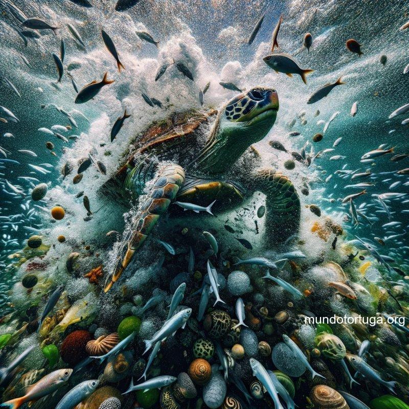 foto con alto contraste mostrando una tortuga en medio de un remolino de agua rodeada de diferentes alimentos marinos como peces algas y plancton e