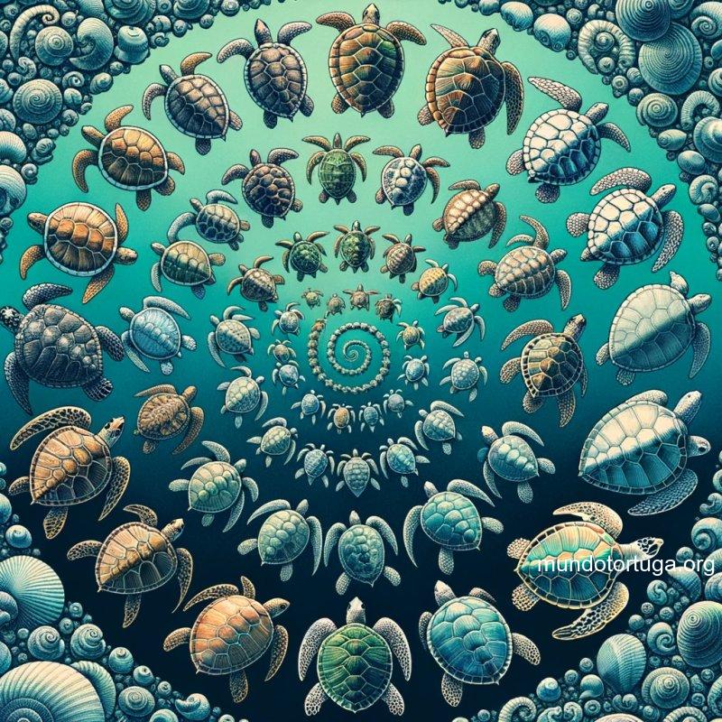 foto con un collage de diferentes tipos de tortugas desde las terrestres hasta las marinas dispuestas en un patrn en espiral hacia el centro cada