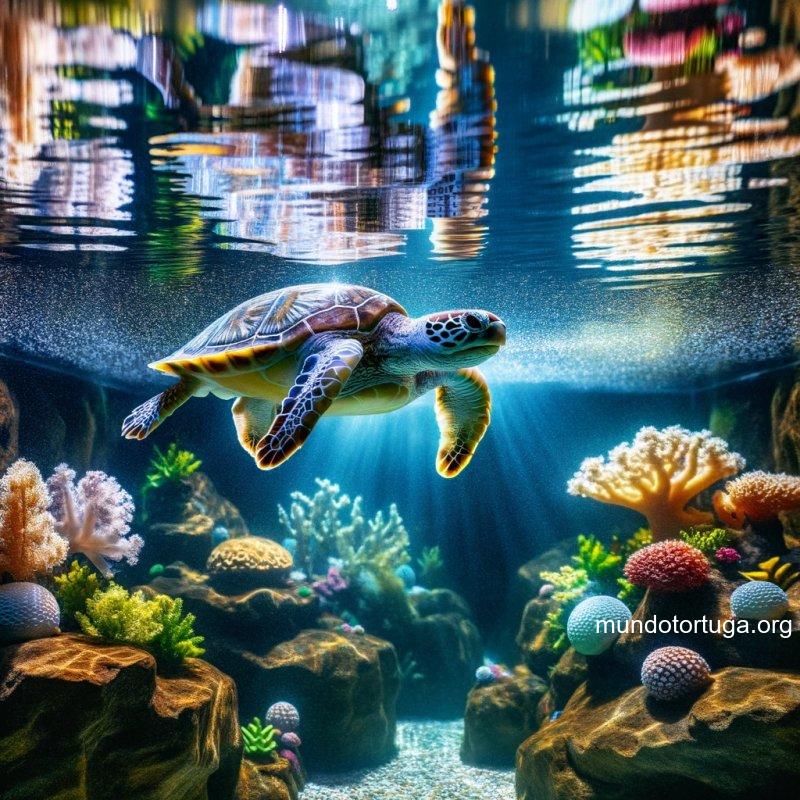 foto de un acuario luminoso con una tortuga de agua dulce nadando cerca de la superficie reflejando los rayos del sol el fondo del acuario muestra u