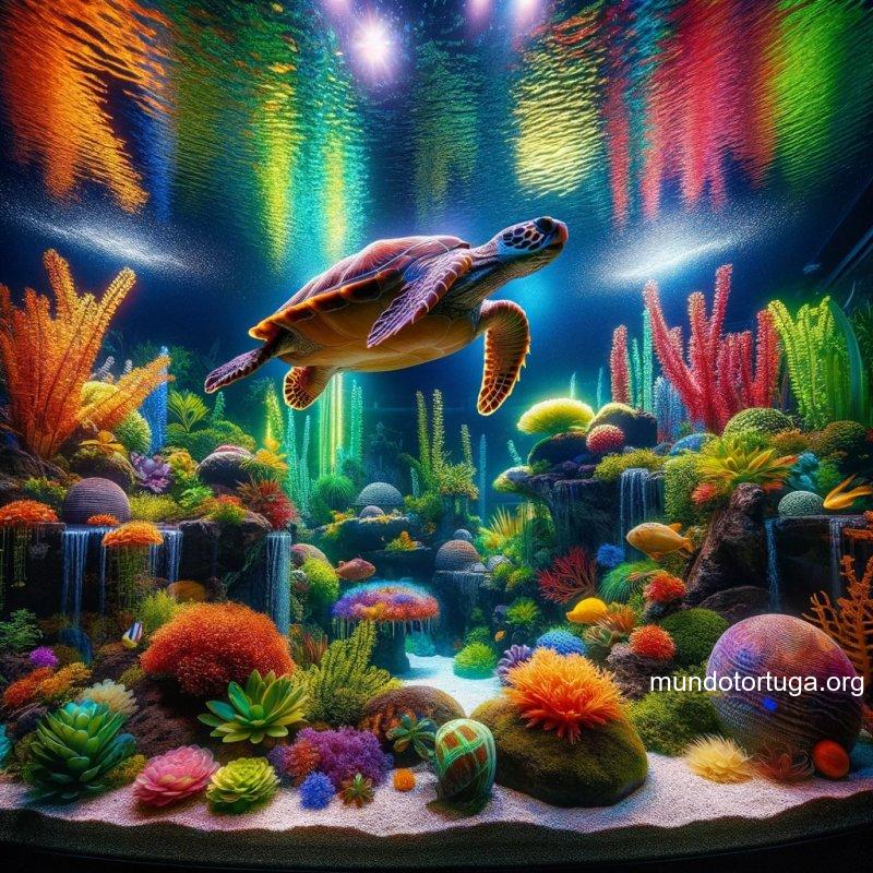 foto de un hbitat impresionante y luminoso para tortugas con elementos de decoracin vibrantes en el centro una tortuga nadando con gracia rodeada