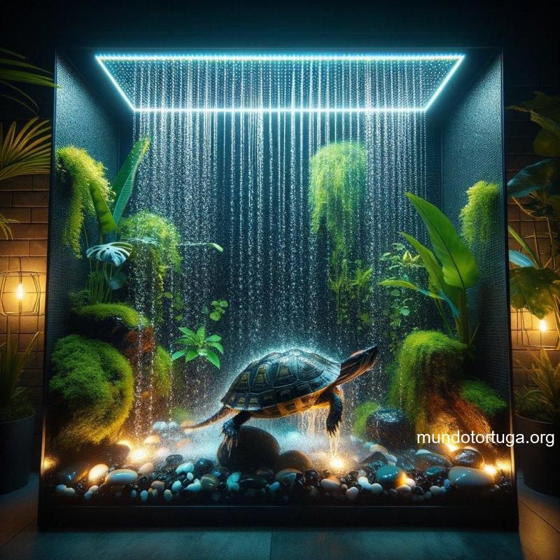 foto de un moderno terrario rectangular iluminado por luces led que cambian de color creando un ambiente mstico una tortuga se desliza suavemente