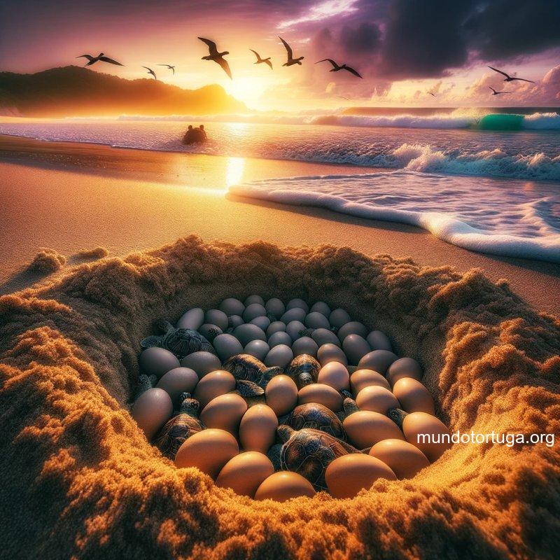 foto de un nido de arena en la playa al amanecer con huevos de tortuga en su interior un haz de luz del sol ilumina directamente los huevos creando