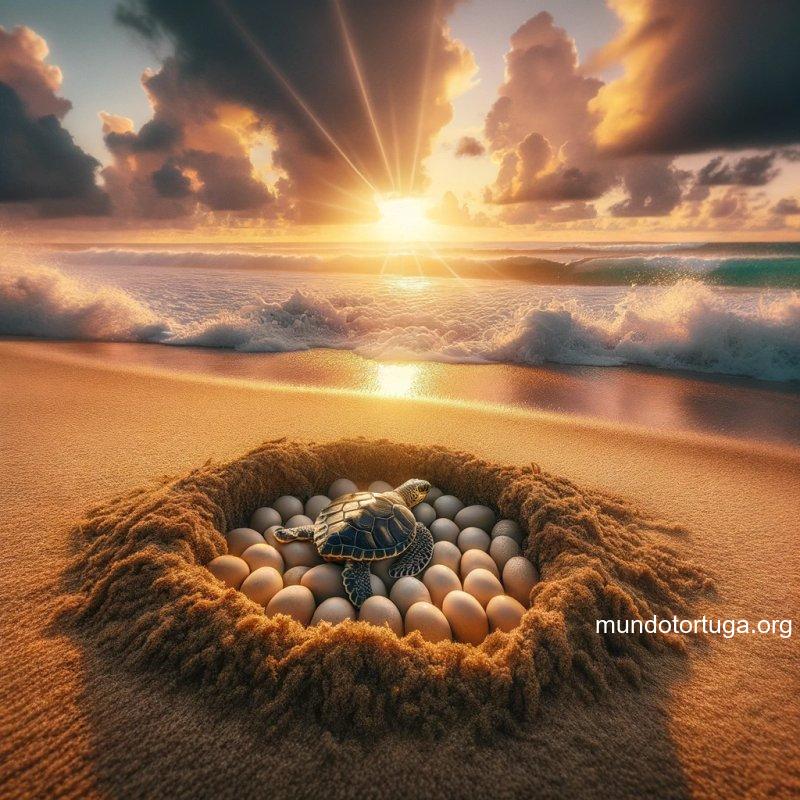foto de un nido de tortuga en la arena con huevos a punto de eclosionar bajo un cielo al atardecer lleno de colores clidos en el fondo se ve el ma