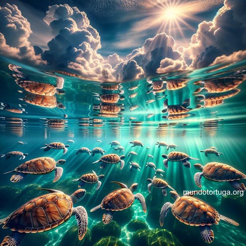 foto de un sueo misterioso con muchas tortugas pequeas nadando en aguas cristalinas el agua refleja un cielo despejado con nubes esponjosas y brill