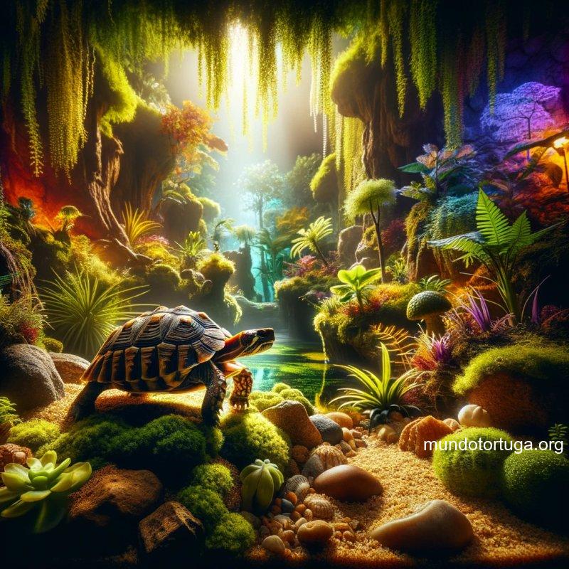 foto de un terrario vibrante y colorido para tortugas de tierra con una tortuga en primer plano explorando su entorno lleno de plantas rocas y agua