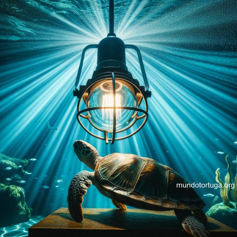 foto de una brillante lmpara emitiendo rayos de luz clidos hacia una tortuga que se encuentra debajo con un fondo de agua azul brillante y vegetaci