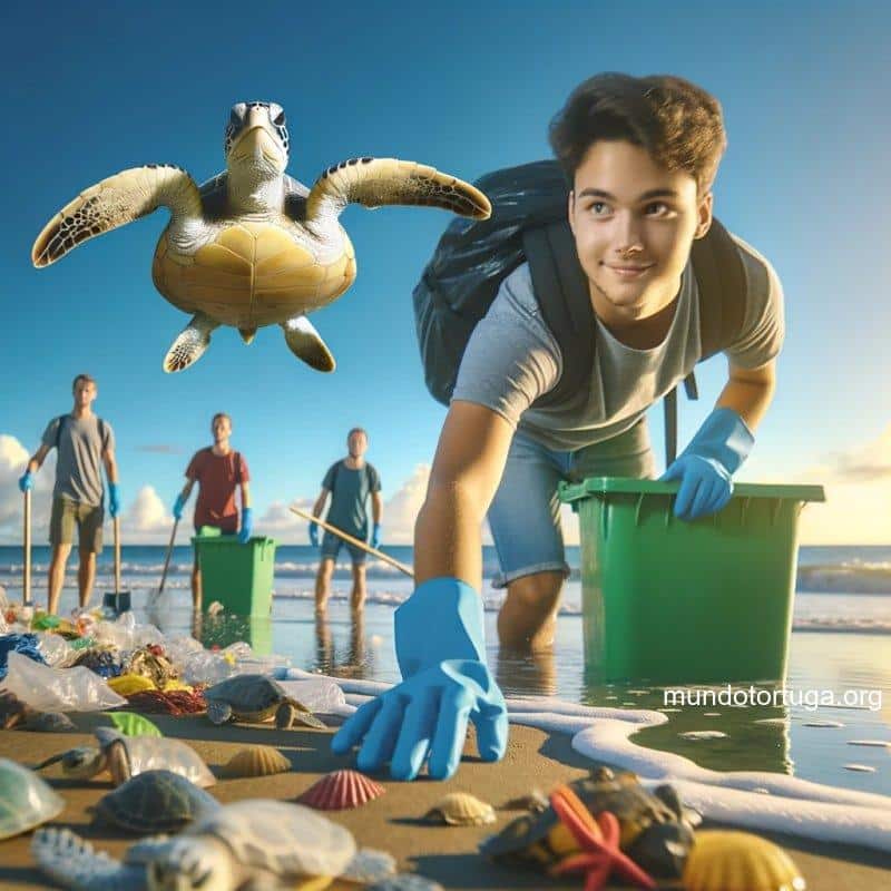 foto de una joven de origen asitico usando guantes y recogiendo basura en una playa con un grupo diverso de voluntarios detrs de ella en el horizo