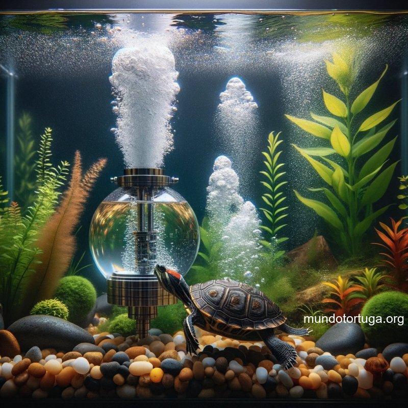 foto de una pecera transparente en la que se ve una tortuga nadando hacia una bomba de agua moderna plantas acuticas y piedras coloridas adornan el