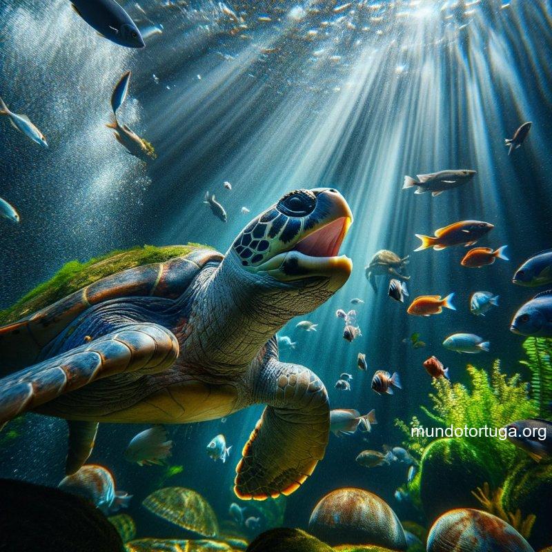 foto de una tortuga acutica con la boca abierta persiguiendo a un grupo de peces coloridos en un ambiente subacutico la escena est iluminada por