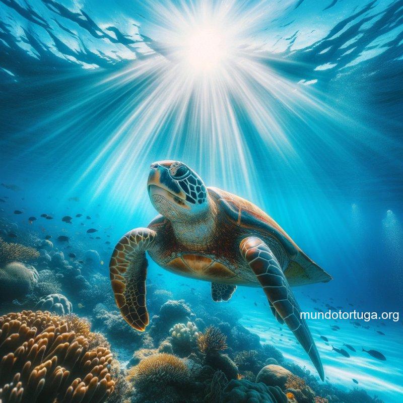 foto de una tortuga caguama majestuosa nadando en el ocano azul profundo con rayos de sol penetrando el agua la tortuga es de un tamao impresionant