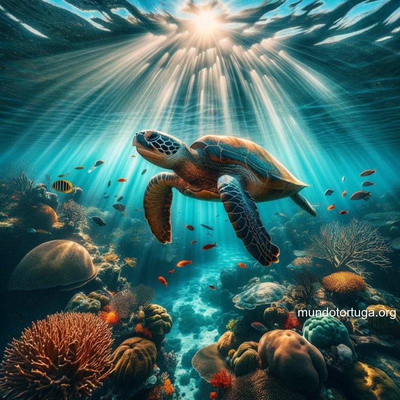foto de una tortuga caguama nadando majestuosamente en aguas cristalinas con rayos de sol penetrando el agua creando un juego de luces y sombras alr