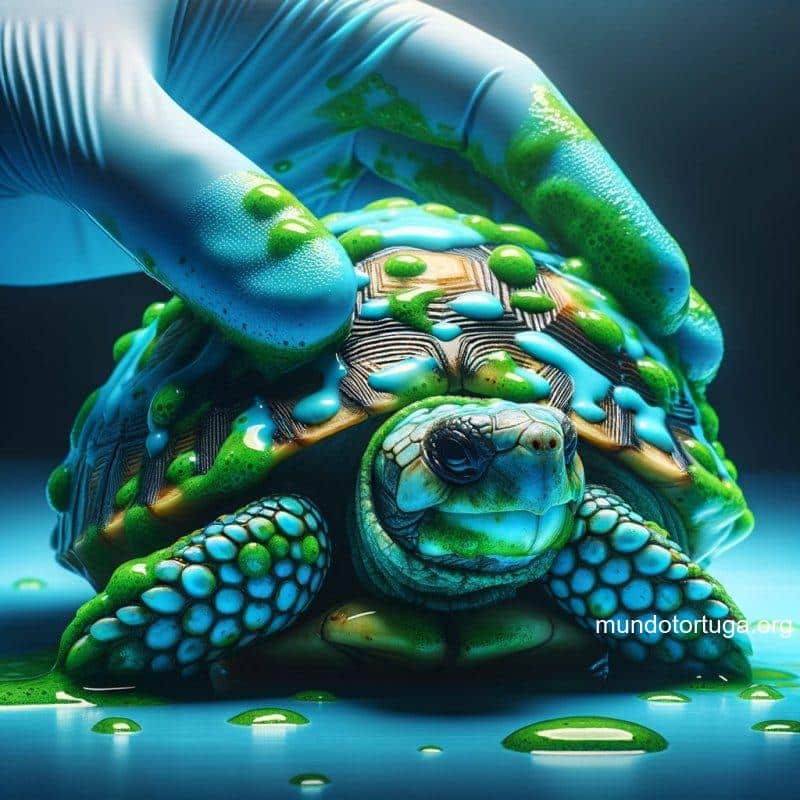 foto de una tortuga con manchas verdes de moho en su caparazn siendo limpiada por unas manos con guantes el fondo presenta un contraste entre el ca