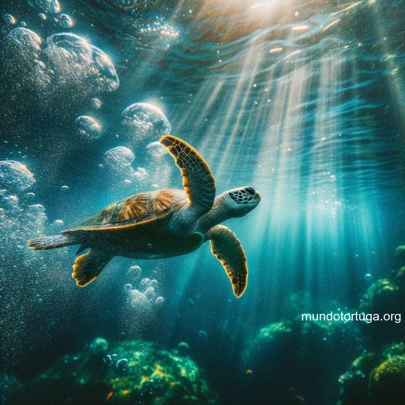 foto de una tortuga de agua joven nadando enrgicamente hacia la superficie del agua con burbujas de aire y rayos de sol filtrndose desde arriba cr