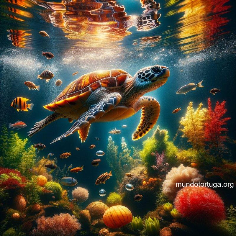 foto de una tortuga de agua nadando dinmicamente hacia un grupo de peces y plantas acuticas con colores brillantes y contrastes llamativos la luz