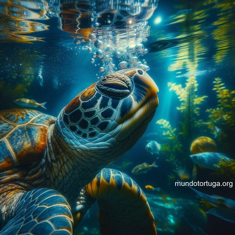 foto de una tortuga de agua nadando en aguas profundas y cristalinas iluminadas por la luz del sol que se filtra desde la superficie la tortuga tien