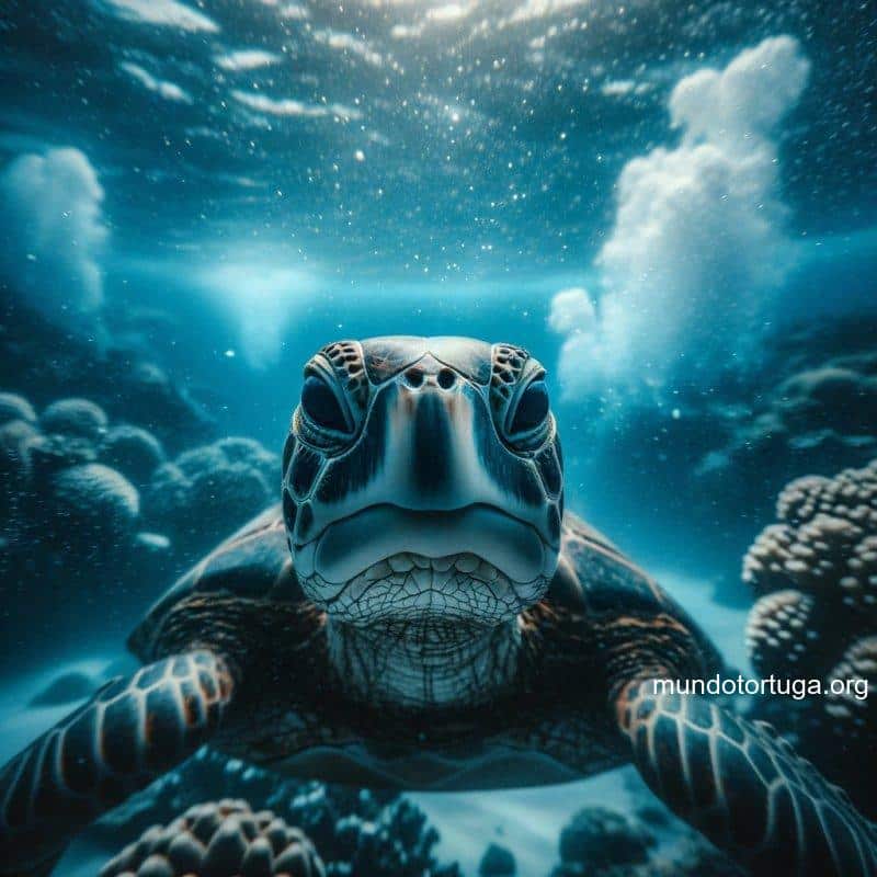 foto de una tortuga de mar con un primer plano en su rostro mostrando detalladamente sus orificios nasales el agua a su alrededor tiene un tono azul