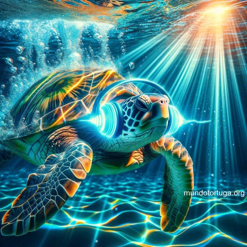 foto de una tortuga de mar grande nadando en aguas cristalinas con auriculares puestos como si estuviera escuchando msica rayos de luz solar atrav