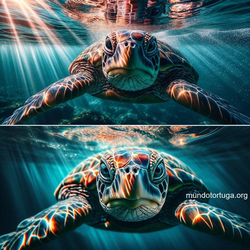 foto de una tortuga de mar nadando en aguas cristalinas con sus ojos brillantes y luminosos gracias a un aclarador de ojos los rayos del sol penetra