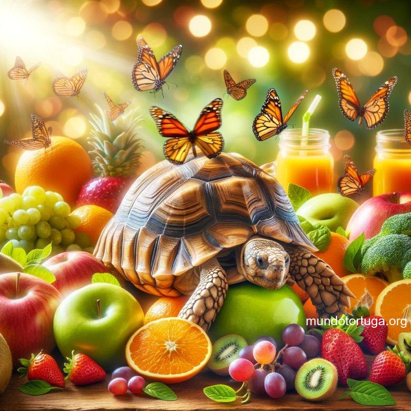 foto de una tortuga de tierra en medio de un festn de frutas y verduras variadas mientras las mariposas danzan a su alrededor en un ambiente mgico