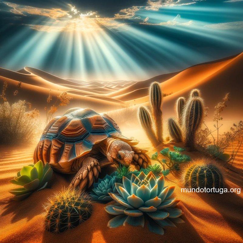 foto de una tortuga del desierto con colores vivos y contrastes fuertes comiendo plantas exticas y suculentas en medio de un paisaje desrtico brill