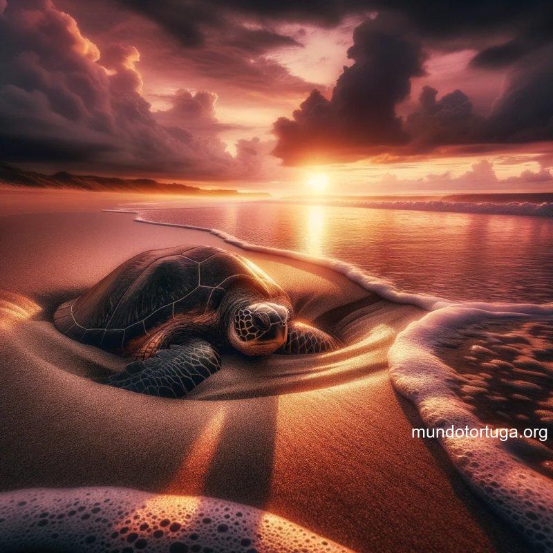 foto de una tortuga emergiendo parcialmente de la arena en una playa al atardecer con el sol en el horizonte proyectando una luz dorada sobre la esce