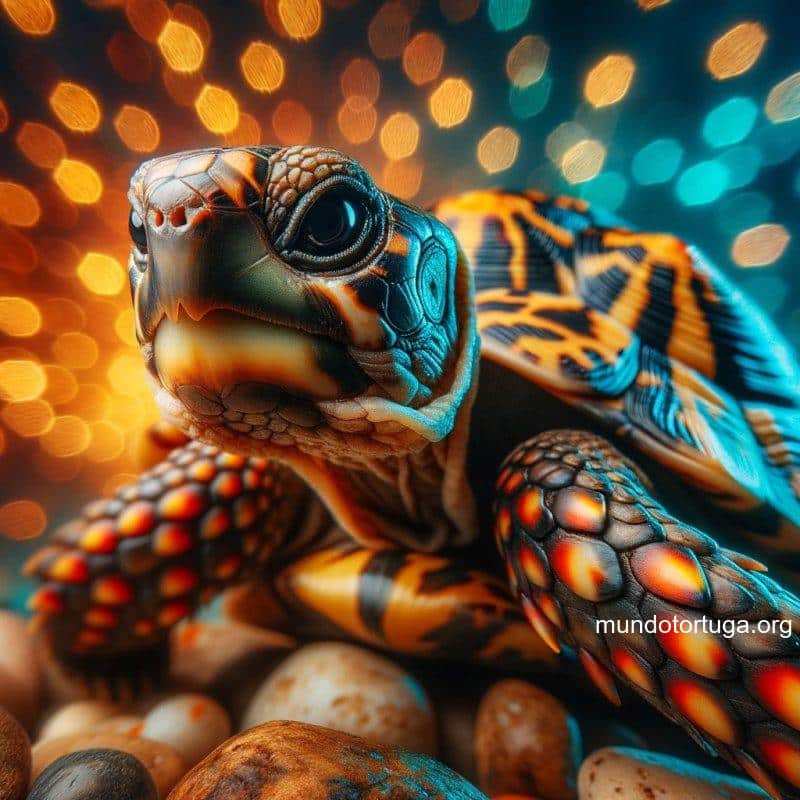 foto de una tortuga en primer plano con colores saturados y un fondo desenfocado la tortuga tiene una expresin de preocupacin y est rodeada de sig