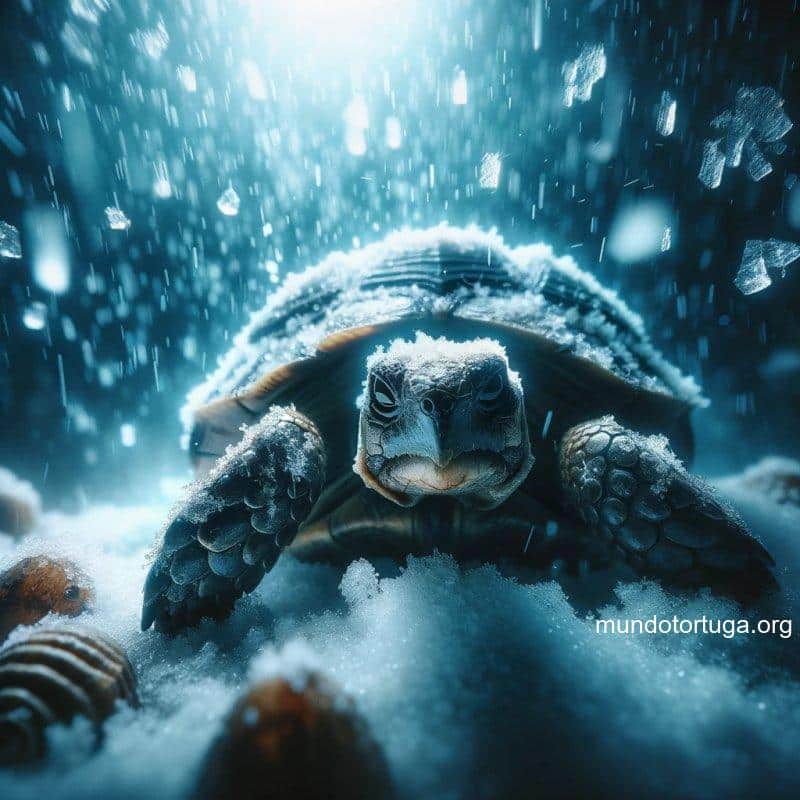 foto de una tortuga en primer plano con ojos medio cerrados como entrando en un estado de letargo el fondo muestra un entorno invernal con copos d