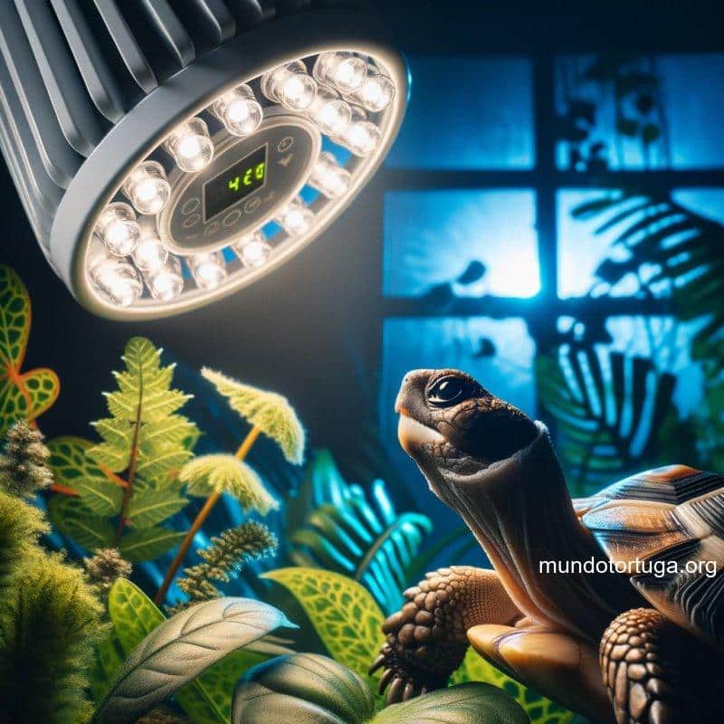 foto de una tortuga en primer plano con una expresin curiosa observando un termostato brillante y moderno que emite una luz clida el fondo es un a