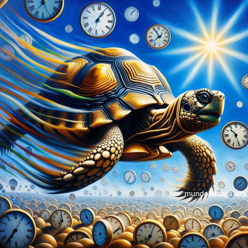 foto de una tortuga en primer plano movindose lentamente sobre un fondo de relojes derretidos reminiscente de la obra de salvador dal con colores