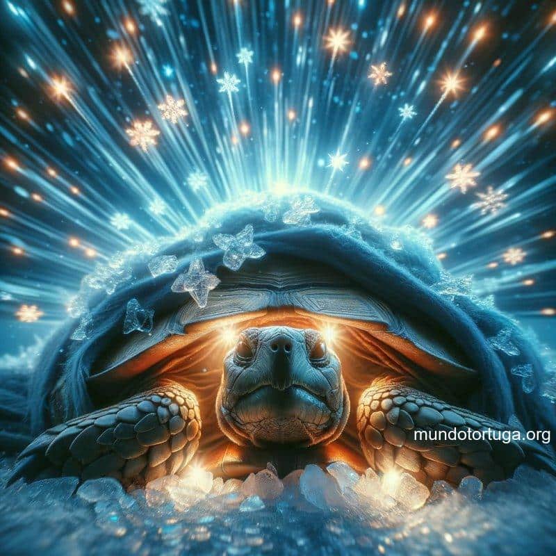 foto de una tortuga en primer plano saliendo de un profundo sueo hibernante con los ojos todava cerrados rodeada de un aura brillante que simboliz