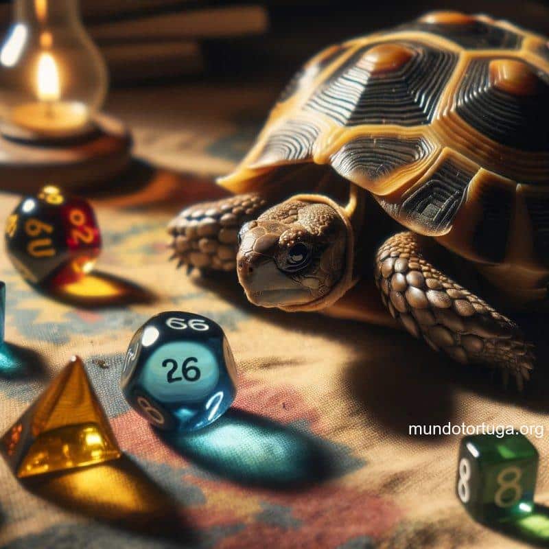 foto de una tortuga en un entorno natural iluminada por una luz suave en la escena hay una serie de objetos de diferentes colores y la tortuga mue