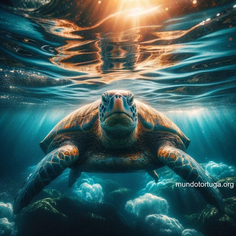 foto de una tortuga gigante emergiendo majestuosamente del agua con un resplandor misterioso alrededor el fondo tiene tonos vivos de azules y verdes