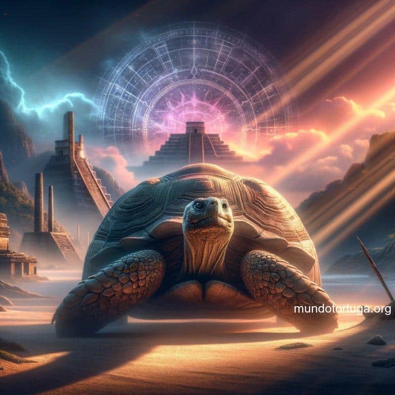 foto de una tortuga gigante en primer plano con un aura mstica rodendola en el fondo hay siluetas de antiguas civilizaciones como pirmides y te