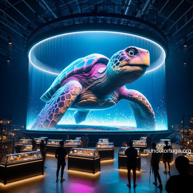 foto de una tortuga gigante en primer plano con una balanza digital moderna debajo de ella la escena se ilumina con luces de nen en colores azul y r