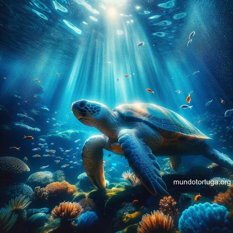 foto de una tortuga majestuosa con una piel visiblemente sana bajo el agua iluminada por un resplandor dorado que representa la vitamina a el agua e