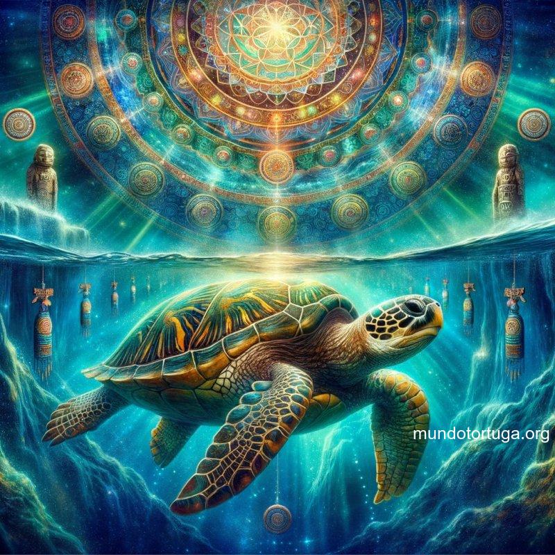 foto de una tortuga majestuosa nadando en aguas cristalinas con rayos de luz que la iluminan desde arriba rodeada de smbolos espirituales y cultural