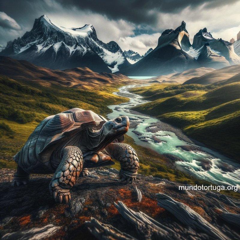 foto de una tortuga majestuosa y resistente desplazndose por un paisaje desafiante con montaas escarpadas y ros turbulentos colores vivos y contr