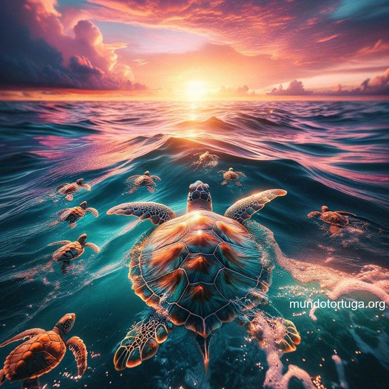 foto de una tortuga marina emergiendo majestuosamente del ocano con un sol brillante en el horizonte las ondas del agua resplandecen con colores viv