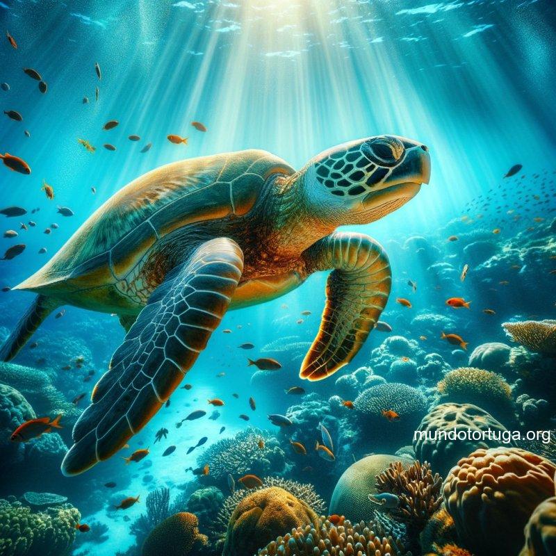 foto de una tortuga marina majestuosa nadando en aguas azul turquesa profundas iluminada por un haz de luz solar que penetra desde la superficie la