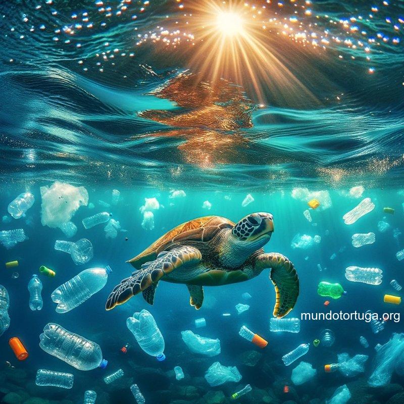 foto de una tortuga marina nadando en aguas cristalinas con plsticos flotando a su alrededor creando un sentido de peligro los colores del ocano s