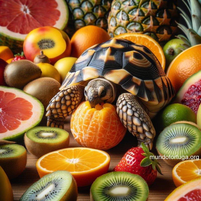 foto de una tortuga mordiendo una jugosa fruta tropical con colores brillantes y contrastantes en el fondo a su alrededor hay una variedad de fruta