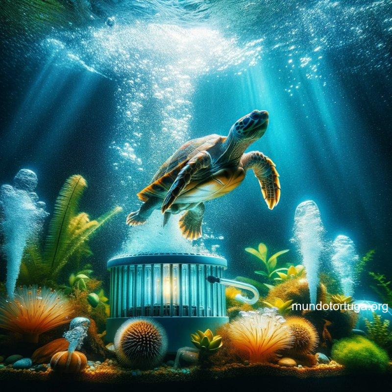 foto de una tortuga nadando alegremente en aguas cristalinas con una luz brillante y clida emanando de un dispositivo bajo el agua que es el calent