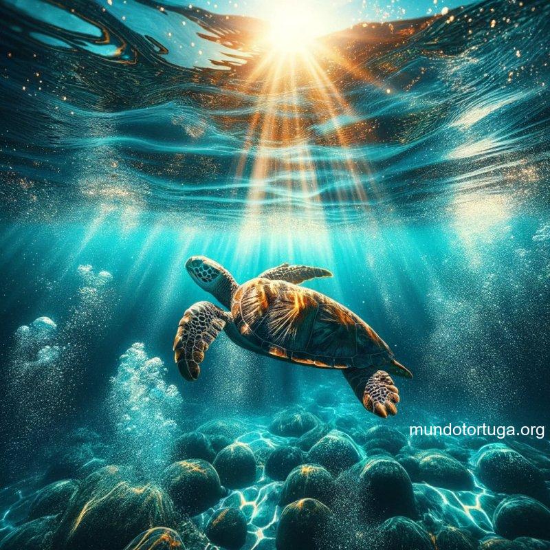 foto de una tortuga nadando en agua cristalina con burbujas de aire brillantes a su alrededor y rayos de sol penetrando el agua resaltando la pureza