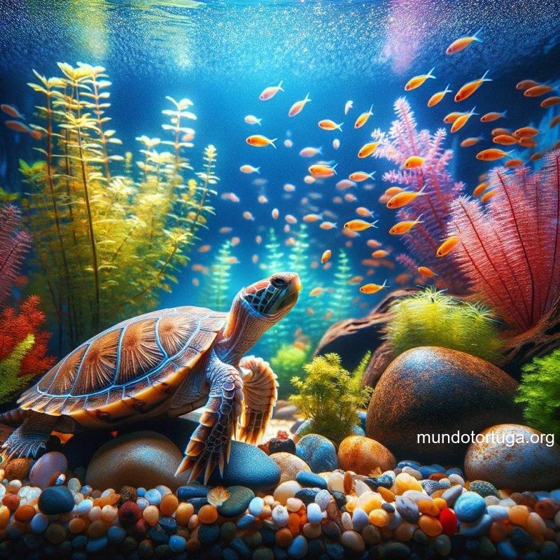 foto de una tortuga nadando en un acuario iluminado acercndose a un montn de artemias resplandecientes el acuario tiene plantas acuticas piedras