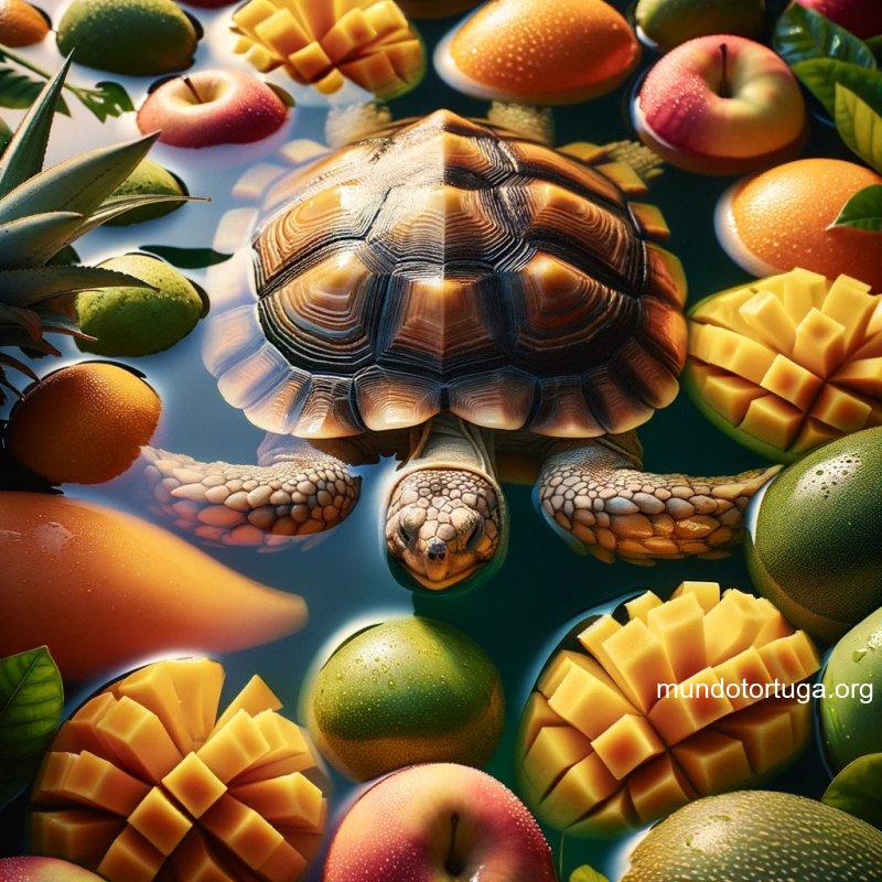foto de una tortuga nadando entre frutas tropicales como mangos pias y fresas resplandeciendo bajo la luz del sol el agua tiene reflejos brillant