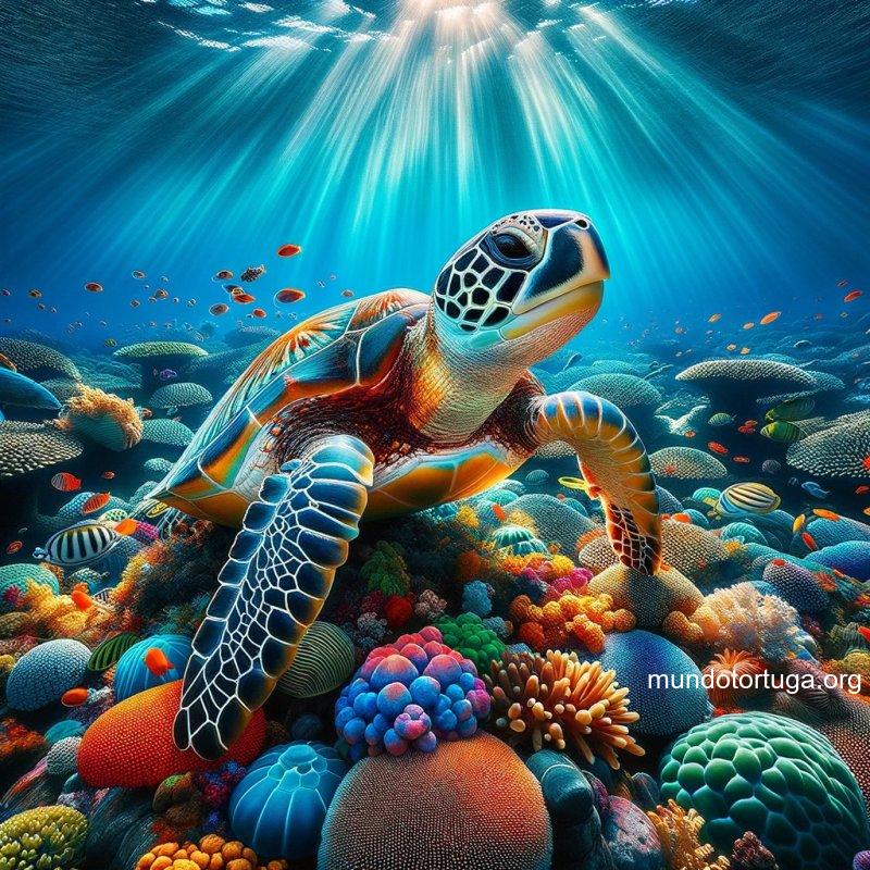 foto de una tortuga pavo real de brillantes colores nadando en aguas cristalinas hacia una variedad de alimentos exquisitos como peces coloridos y al